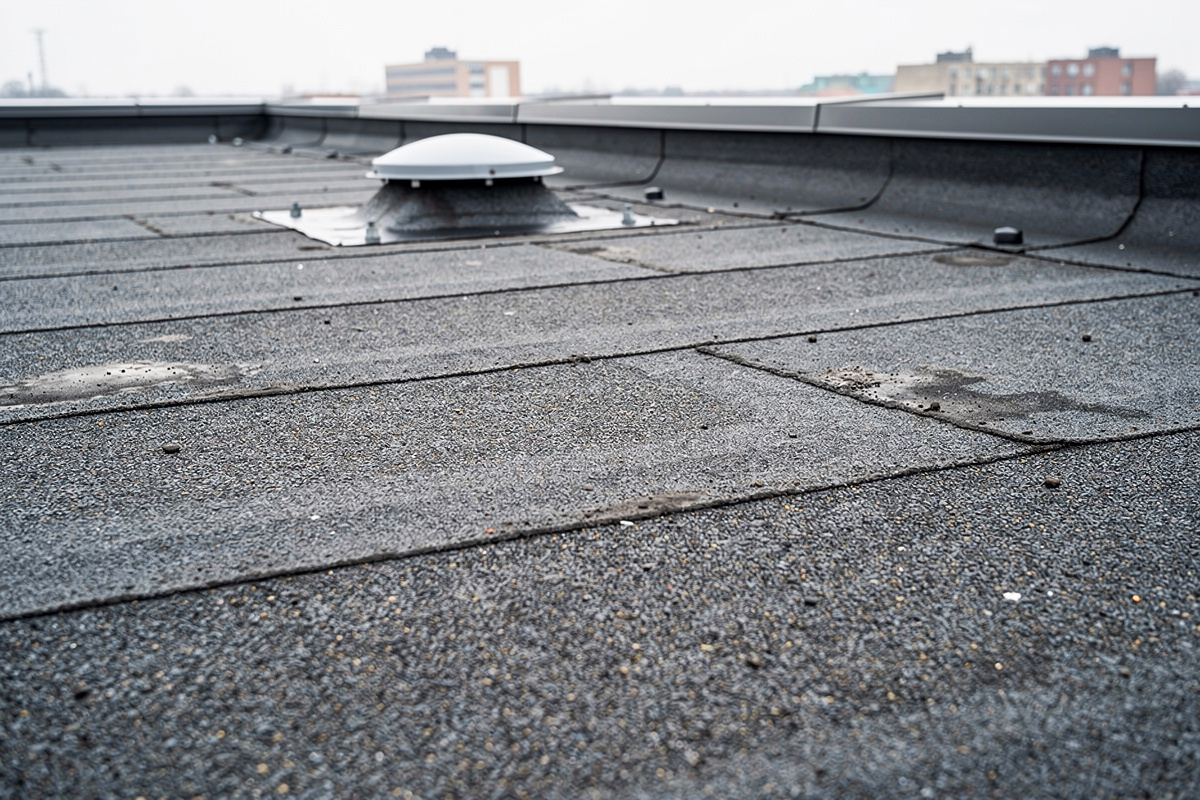 Huopakaton ja bitumikaton korjaus Juuka, ammattitaidolla ja luotettavasti variables[width=1200,height=800,description=Photorealistic photo of a felt roof / bitumen roof, picture taken from medium distance (showing some surroundings), not too deltailed, Nordic suburban house, 0 - 1 person on the roof (choose one), wearing safety harness and helmet, No people, no text, no logos]