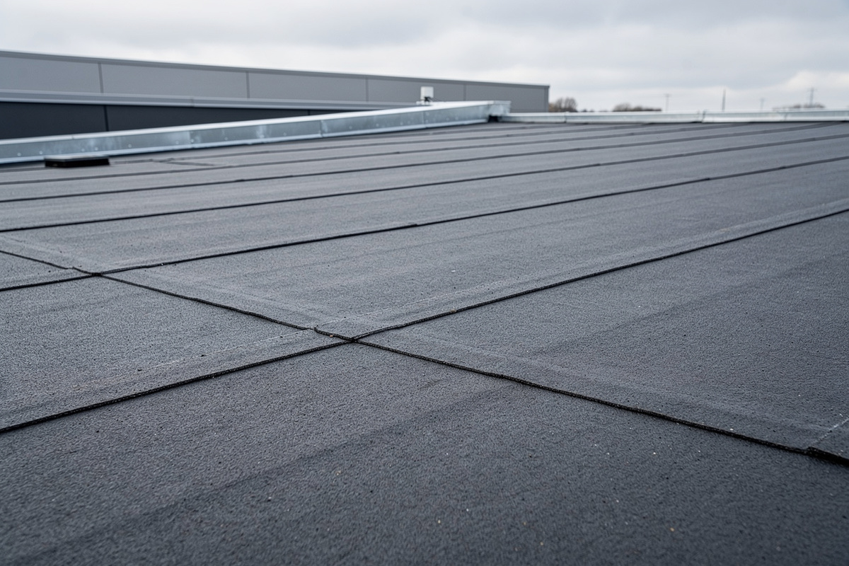 Huopakaton ja bitumikaton korjaus Juva – kestävä suoja kaikille keleille variables[width=1200,height=800,description=Photorealistic photo of a new bitumen roof, detached house, picture taken from medium distance (showing some surroundings), not too deltailed, Nordic suburban house, no text, no logos]