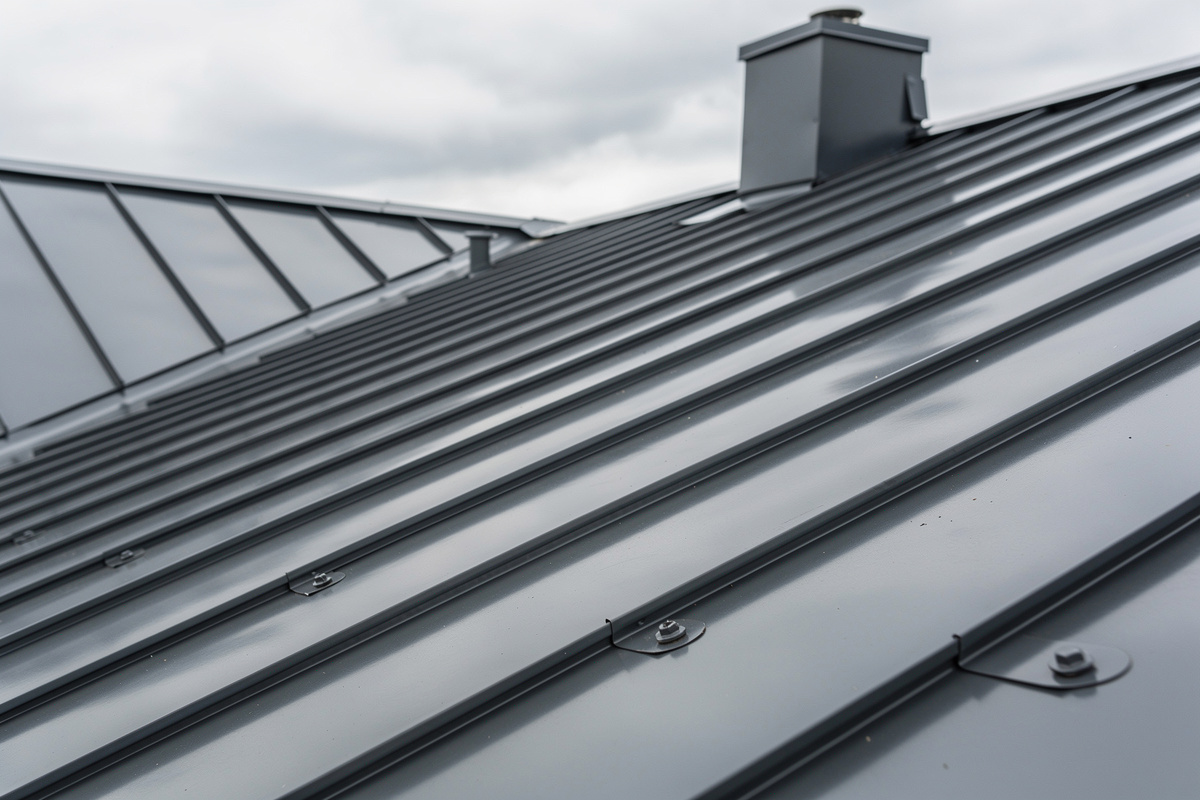 Peltikaton korjaus Jämijärvellä varmistaa säänkestävyyden ja pitkäikäisyyden variables[width=1200,height=800,description=Photorealistic photo of a new metal roof, picture taken from medium distance (showing some surroundings), not too deltailed, Nordic suburban house, No people, no text, no logos]