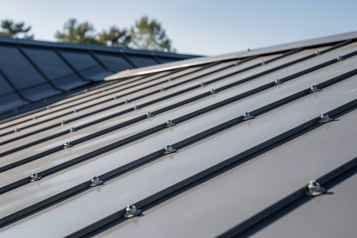 Peltikaton korjaus Jämsänkoski – kestävä ratkaisu säänkestävälle katolle. variables[width=1200,height=800,description=Photorealistic photo of a new metal roof, picture taken from medium distance (showing some surroundings), not too deltailed, Nordic suburban house, No people, no text, no logos]