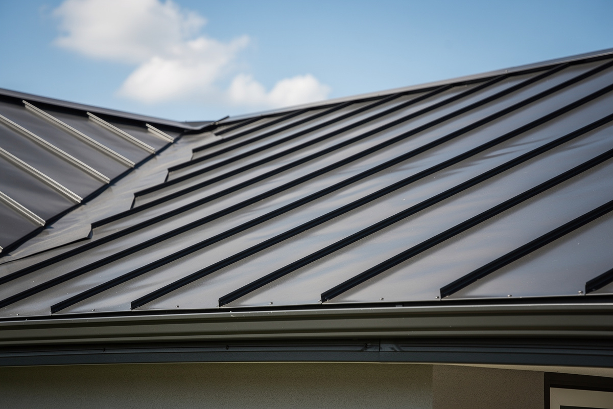 Peltikaton korjaus Juva – pitkäikäinen ratkaisu sään vaihteluille variables[width=1200,height=800,description=Photorealistic photo of a new metal roof, picture taken from medium distance (showing some surroundings), not too deltailed, Nordic suburban house, No people, no text, no logos]