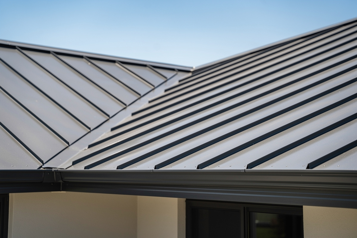 Peltikaton korjaus Jyväskylä, pidentämässä kattosi käyttökaarta variables[width=1200,height=800,description=Photorealistic photo of a new metal roof, picture taken from medium distance (showing some surroundings), not too deltailed, Nordic suburban house, No people, no text, no logos]