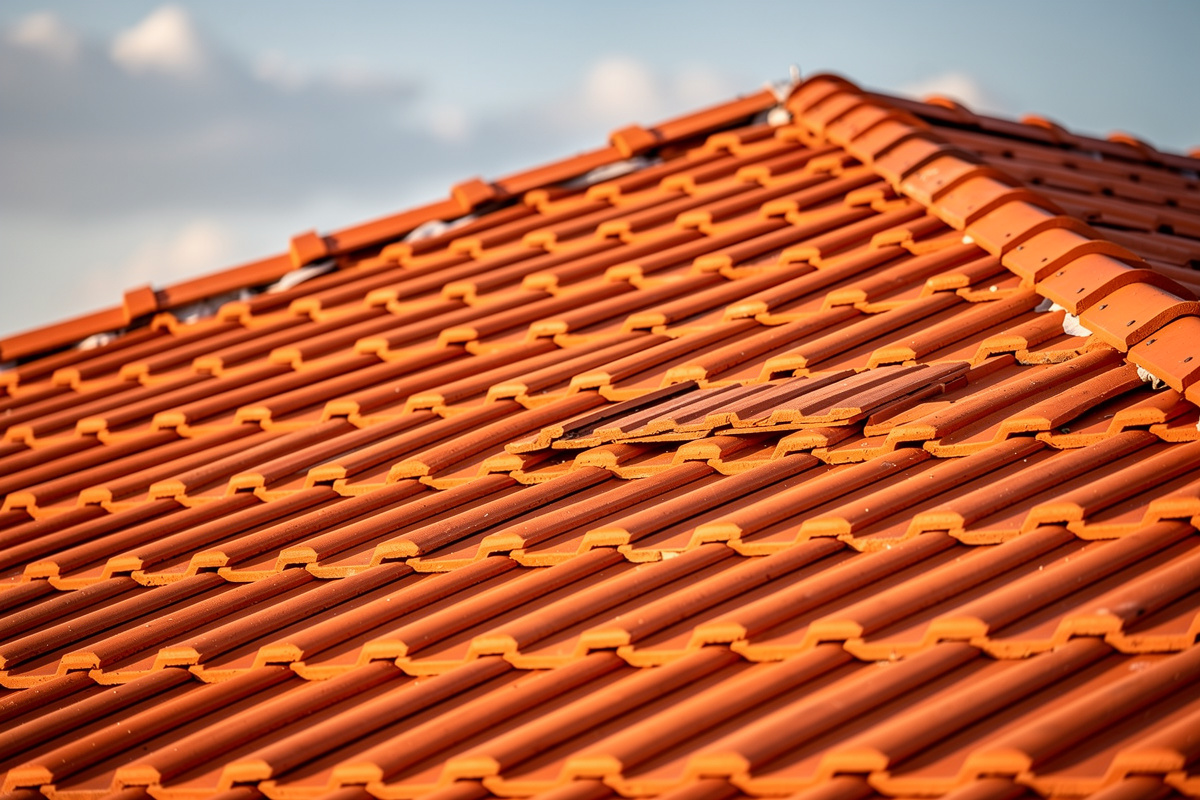Tiilikaton korjaus Jämsänkoski – ammattitaitoinen tiimimme huolehtii katon kunnosta. variables[width=1200,height=800,description=Photorealistic photo of a new tile roof, picture taken from medium distance (showing some surroundings), not too deltailed, Nordic suburban house, No people, no text, no logos]