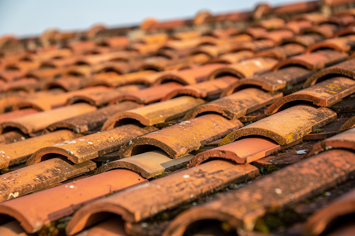 Tiilikaton korjaus Juuka, kestäviä ratkaisuja katon ongelmiin variables[width=1200,height=800,description=Photorealistic photo of a tile roof, picture taken from medium distance (showing some surroundings), not too deltailed, Nordic suburban house, 0 - 1 person on the roof (choose one), wearing safety harness and helmet, No people, no text, no logos]
