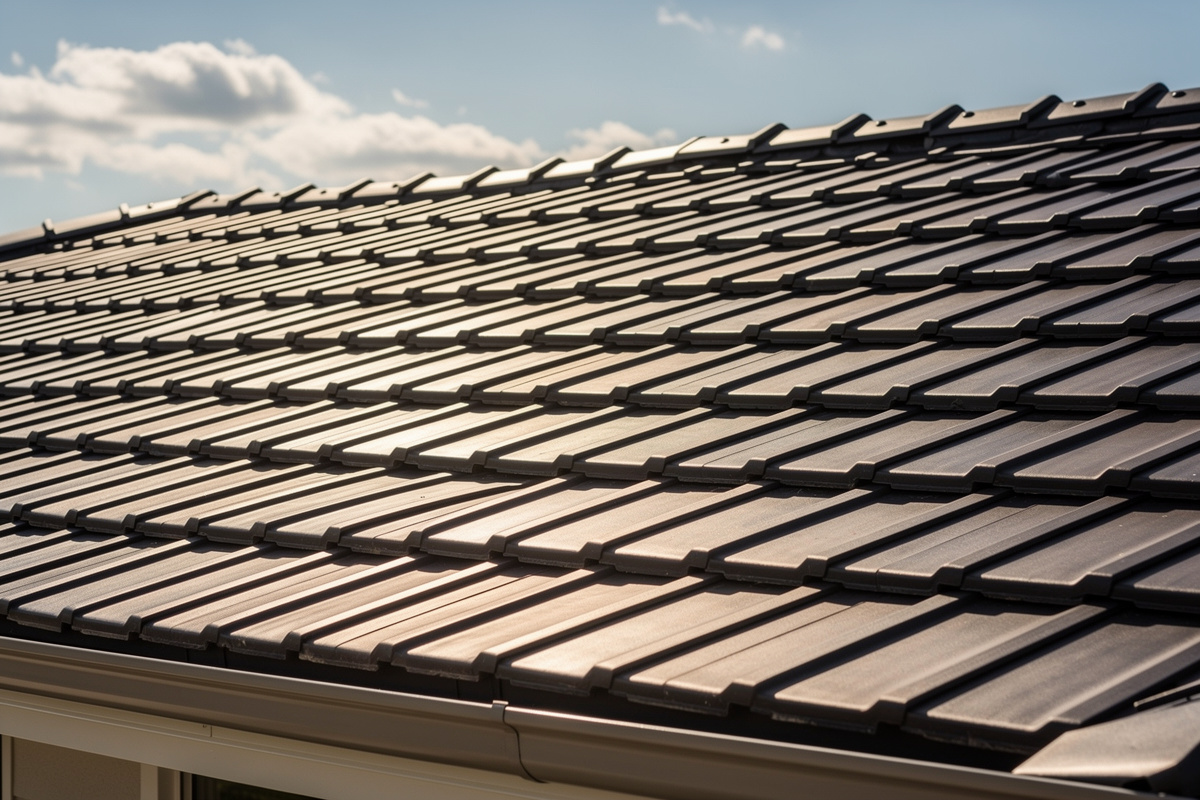 Tiilikaton korjaus Jyväskylä, tihkuvuotojen tiivistyksestä myrskyvauriokorjauksiin variables[width=1200,height=800,description=Photorealistic photo of a new tile roof, picture taken from medium distance (showing some surroundings), not too deltailed, Nordic suburban house, No people, no text, no logos]